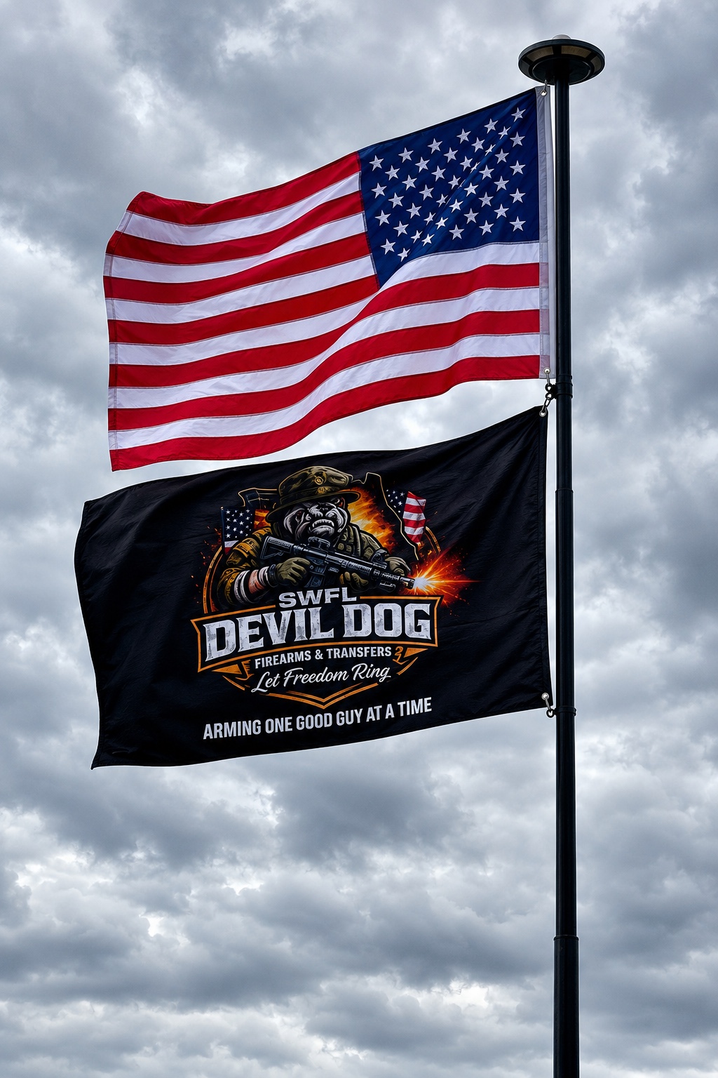 American flag and SWFL Devil Dog flag flying together