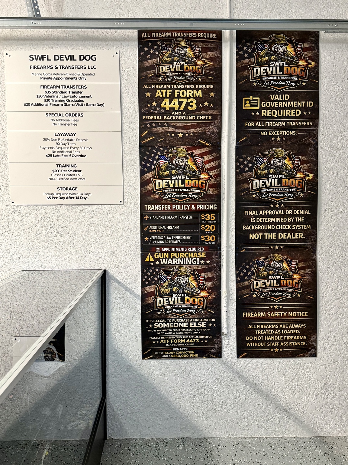 ATF compliance and pricing signage on display